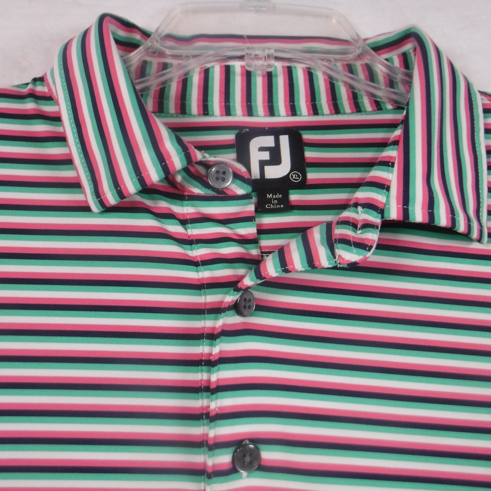 FootJoy Men XL ProDry Golf Polo Shirt Pink Green Stripe Performance Short Sleeve